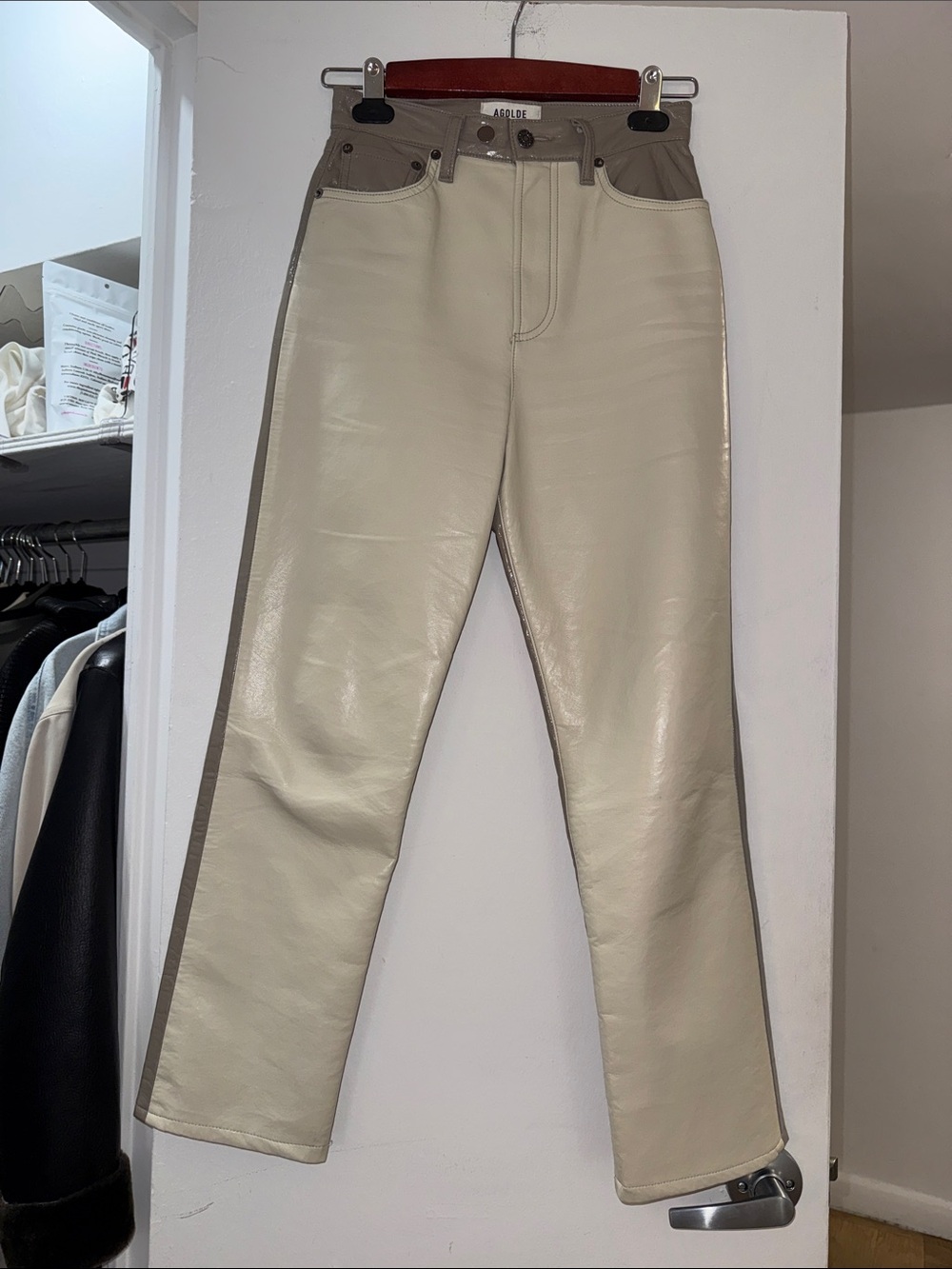 Agolde Cream and Taupe Two-Tone Faux Leather Pants Size 23